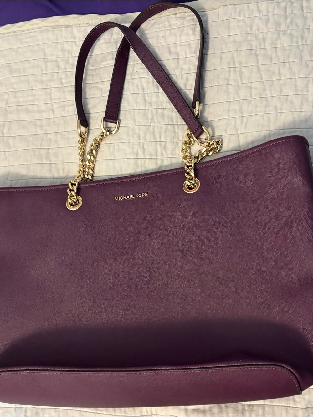 Michael Kors Deep Plum Leather Chain-Accent Tote